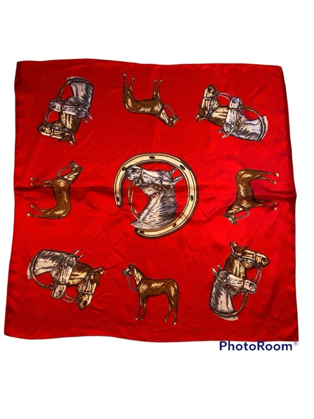BERKSHIRE HANDKERCHIEF SCARF VINTAGE RED HORSE EQUESTRIAN HORSESHOE BLACK GRAY